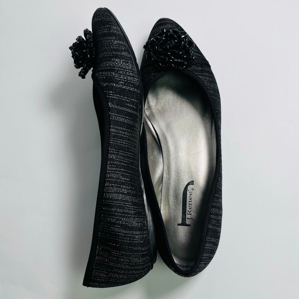 J Renee Embellished Pointed Toe Ballet Flat 10 GeezeLouise Black Silver Metallic